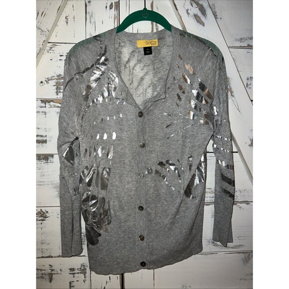 SoCa St. John Cardigan Sweater Gray Silver Shiny Metal Lightweight Spring Size M - Picture 1 of 8